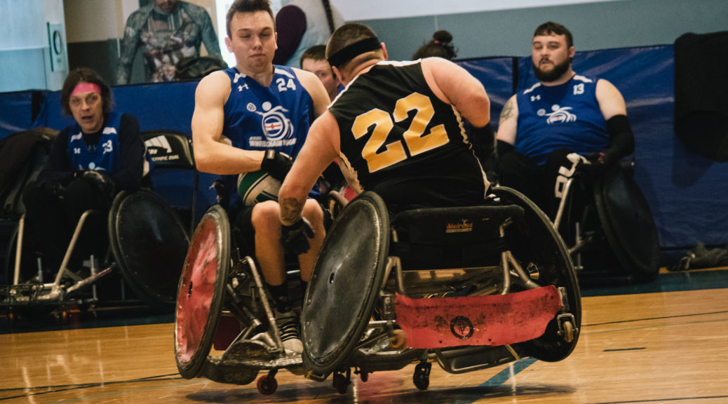 Branden Troutman and Justin Beaver square off at the 2020 Vancouver Invitational Wheelchair Rugby Tournament
